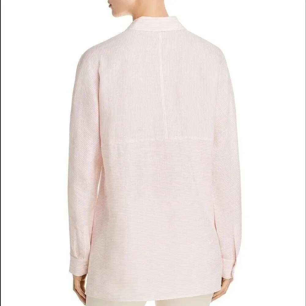 Lafayette 148 New York Size Small pink pinstripe linen‎ top collared button up - Picture 2 of 11